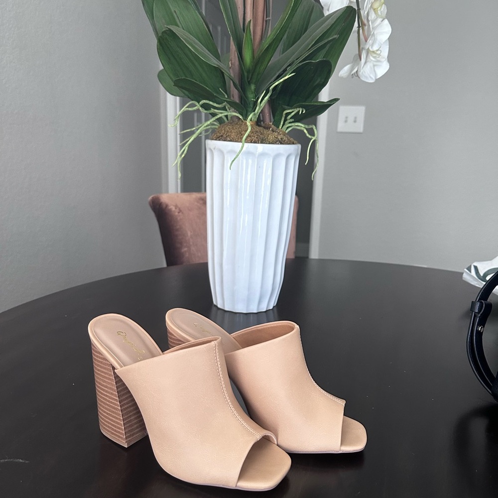 Qupid Camel Mules with Block Heel and Open Toe